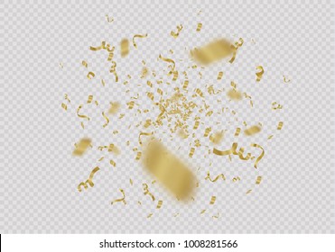 Golden confetti, isolated on cellular background. Festive vector illustration Tiny confetti with ribbon on white background. Festive event and party. Vector yellow.