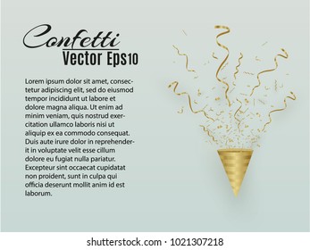 Golden confetti, isolated on cellular background. Festive vector illustration Tiny confetti with ribbon on white background. Festive event and party. Vector yellow.