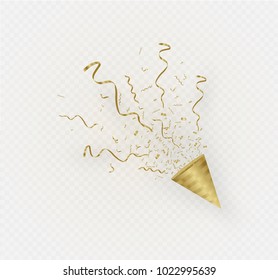 Golden confetti, isolated on cellular background. Festive vector illustration Tiny confetti with ribbon on white background. Festive event and party. Vector yellow.