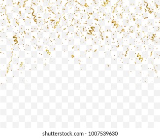 Golden confetti isolated on checkered background. Festive template. Vector illustration of falling particles for holydays design.