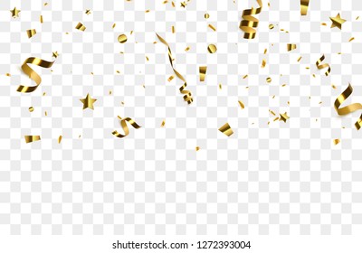 Golden confetti isolated on checkered background. Festive vector illustration