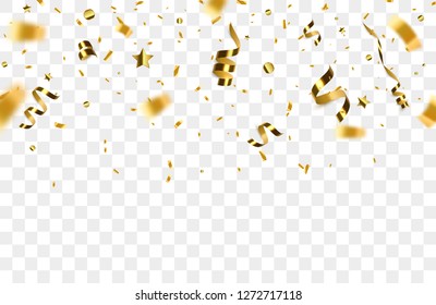 Golden confetti isolated on checkered background. Festive vector illustration