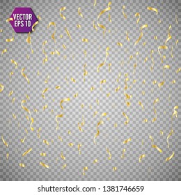 Golden confetti isolated on checkered background. Festive vector illustration