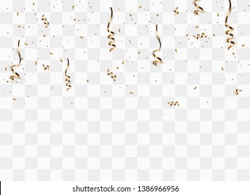 Golden confetti isolated on checkered background. Festive vector illustration