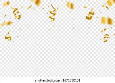 Golden confetti isolated on checkered background. Gold confetti falling festive decoration for birthday party celebration.