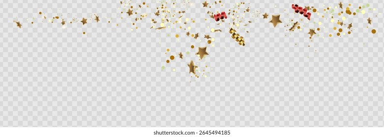 Golden confetti isolated on checkered background. Festive vector illustration