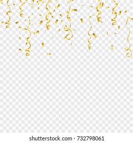 Golden confetti isolated on checkered background. Festive vector illustration