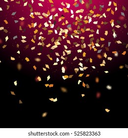 Golden confetti isolated on dark red  background, vector illustration.  Vector luxury backdrop  with gold sparklers
