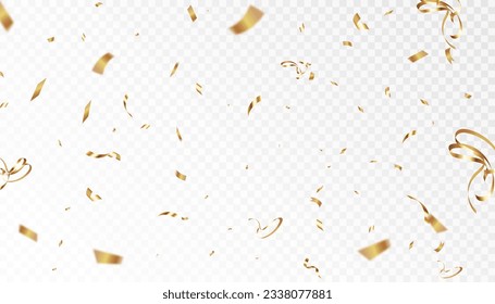 Golden confetti isolated on transparent background. Falling serpentine. Realistic golden serpentine. Flying holiday tinsel. Anniversary decorative elements. vector