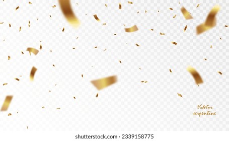 Confeti dorado aislado sobre un fondo transparente. Caer serpentina. Serpentina dorada realista. Ladilla de vacaciones voladoras. Elementos decorativos de aniversario. vector