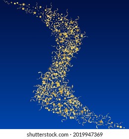 Golden Confetti Isolated Vector Blue Background. Paper Star Illustration. Ribbon Festive Plant. Yellow Happy Invitation.