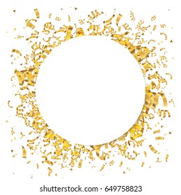 Golden confetti with a large white circle in the center. Vector illustration. The concept of the design of a holiday greeting card. Place for the text.