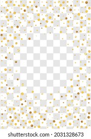 Golden Confetti Light Transparent Background. Bridal Polka Design. Yellow Round Effect Invitation. Shine Art Pattern.