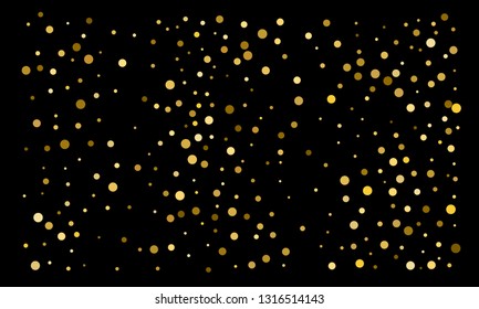 Golden confetti on black background. Luxury festive background. Gold shiny abstract texture. Element of design. Polka dots abstract vector illustration