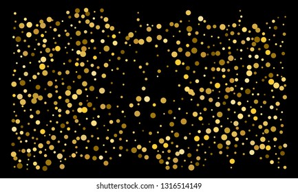 Golden confetti on black background. Luxury festive background. Gold shiny abstract texture. Element of design. Polka dots abstract vector illustration