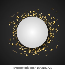 Golden confetti on black background with copy space circle art round backdrop. Use for message banner, book cover design, celebration wallpaper, invitation card. Vector illustration.