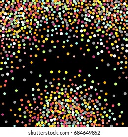 Golden confetti on a black background. Shining elements. Flat glitter. Abstract festive decoration . Glamorous vector background.