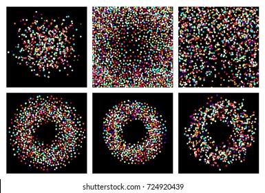Golden confetti on a black background. Shining elements. Flat glitter. Abstract festive decoration . Glamorous vector background.