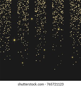 Golden confetti on a black background. Luxury festive background. Golden grainy abstract texture on a black background. Element of design. Vector illustration, EPS 10.
