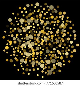 Golden confetti on a black background. Luxury festive background. Golden translucent abstract dot on a black background. Element of design. Vector illustration, EPS 10.