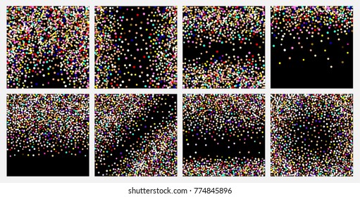 Golden confetti on a black background. Shining elements. Flat glitter. Abstract festive decoration . Glamorous vector background.