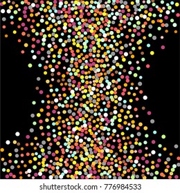 Golden confetti on a black background. Shining elements. Flat glitter. Abstract festive decoration . Glamorous vector background.