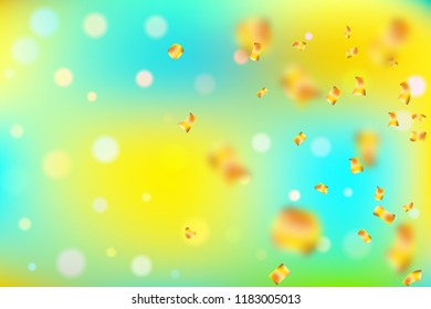 Golden confetti on bright colorful bokeh background with space for text.