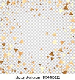 Golden confetti on a transparent background. Shining elements. Flat glitter. Abstract festive decoration . Glamorous vector background.