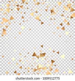 Golden confetti on a transparent background. Shining elements. Flat glitter. Abstract festive decoration . Glamorous vector background.