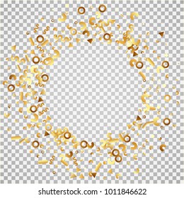 Golden confetti on a transparent background. Shining elements. Flat glitter. Abstract festive decoration . Glamorous vector background.