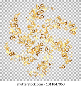 Golden confetti on a transparent background. Shining elements. Flat glitter. Abstract festive decoration . Glamorous vector background.