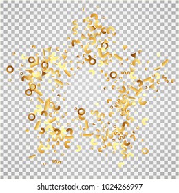 Golden confetti on a transparent background. Shining elements. Flat glitter. Abstract festive decoration . Glamorous vector background.