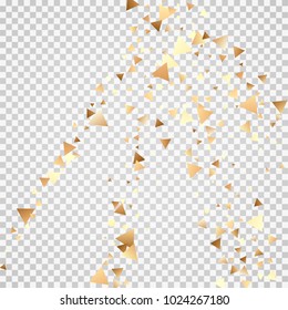 Golden confetti on a transparent background. Shining elements. Flat glitter. Abstract festive decoration . Glamorous vector background.