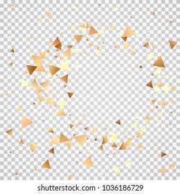 Golden confetti on a transparent background. Shining elements. Flat glitter. Abstract festive decoration . Glamorous vector background.