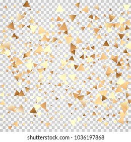 Golden confetti on a transparent background. Shining elements. Flat glitter. Abstract festive decoration . Glamorous vector background.