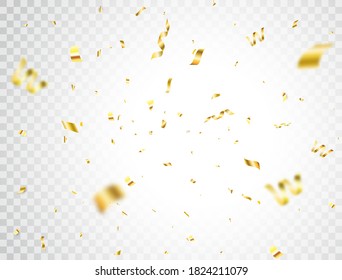 Golden confetti on transparent background. Luxury gold confetti border. Bright festive tinsel. Celebration party backdrop. Holiday design elements for web banner, poster, flyer. Vector illustration.