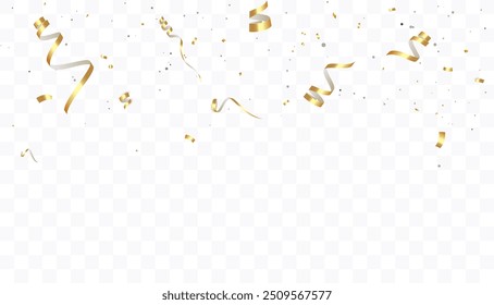 Golden confetti on transparent background. Falling shiny golden confetti. Bright golden festive tinsel. Festive design elements for web banner, poster, flyer, invitation.	
