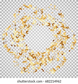 Golden confetti on a transparent background. Festive shining elements in the memphis style. Flat glitter. Abstract festive decoration and ribbons. Glamorous vector background.