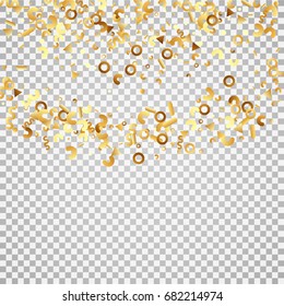 Golden confetti on a transparent background. Festive shining elements in the memphis style. Flat glitter. Abstract festive decoration and ribbons. Glamorous vector background.