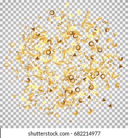 Golden confetti on a transparent background. Festive shining elements in the memphis style. Flat glitter. Abstract festive decoration and ribbons. Glamorous vector background.