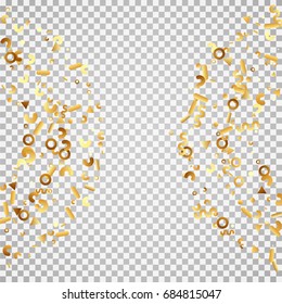 Golden confetti on a transparent background. Festive shining elements in the memphis style. Flat glitter. Abstract festive decoration and ribbons. Glamorous vector background.