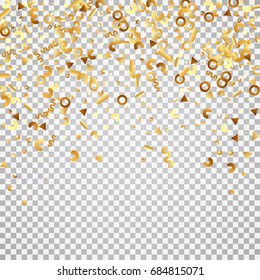 Golden confetti on a transparent background. Festive shining elements in the memphis style. Flat glitter. Abstract festive decoration and ribbons. Glamorous vector background.