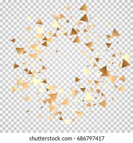 Golden confetti on a transparent background. Festive shining elements in the memphis style. Flat glitter. Abstract festive decoration and ribbons. Glamorous vector background.