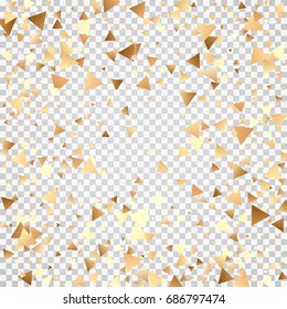 Golden confetti on a transparent background. Festive shining elements in the memphis style. Flat glitter. Abstract festive decoration and ribbons. Glamorous vector background.