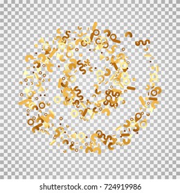 Golden confetti on a transparent background. Shining elements. Flat glitter. Abstract festive decoration . Glamorous vector background.