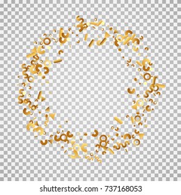 Golden confetti on a transparent background. Shining elements. Flat glitter. Abstract festive decoration . Glamorous vector background.