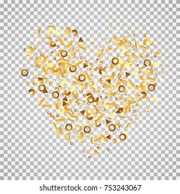 Golden confetti on a transparent background. Shining elements. Flat glitter. Abstract festive decoration . Glamorous vector background.