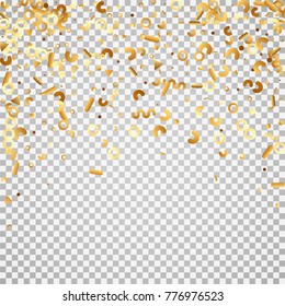 Golden confetti on a transparent background. Shining elements. Flat glitter. Abstract festive decoration . Glamorous vector background.