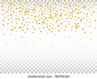 Golden confetti on transparent background. Defocused falling confetti. Celebration background. Vector illustration.