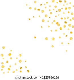 Golden confetti on a white background. Luxury festive background. Golden grainy abstract dots are scattered on a white background. Element of design. Suitable for postcards, posters, cards. Vector.